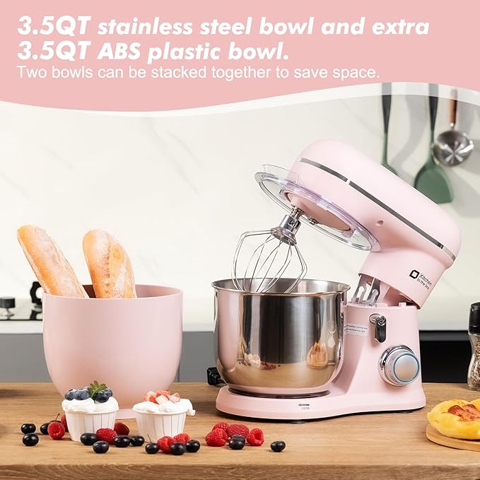Kitchen in the Box Stand Mixer, 3.5QT Two Bowls Small Kitchen Electric Mixer, 10-Speed Portable Lightweight Matte Finish with Egg Whisk, Dough Hook, Beater (Rose Pink, 3.5QT)