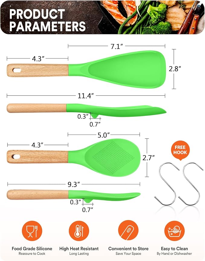 Cooking Spoon and Rice Scooper for Nonstick Cookwares, Great for Cooking and Serving Sturdy BPA-Free Matte Silicone, Wood Handle Spoon for Mixing, Scoop, and Scrape (Apple Green)