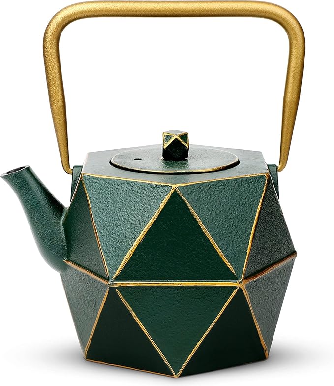 Toptier Cast Iron Teapot, Stovetop Safe Japanese Cast Iron Tea Kettle, Diamond Design Tea Pot with Removable Infuser for Loose Tea, 40 Ounce (1200 ml), Dark Green