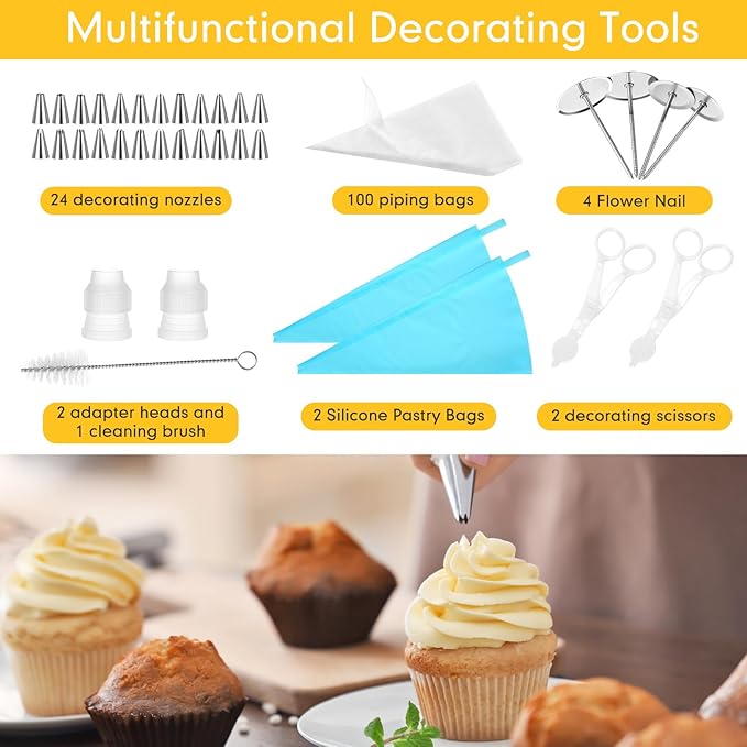 Nuogo 154 Pcs Aluminum Cake Decorating Tools Kit with 12 Inch Aluminum Cake Turntable, Cake Decorating Gun with 6 Heads, 34 Pcs Cake Decorating Set, 11 Cream Spatula Set, 100 Cream Piping Bag