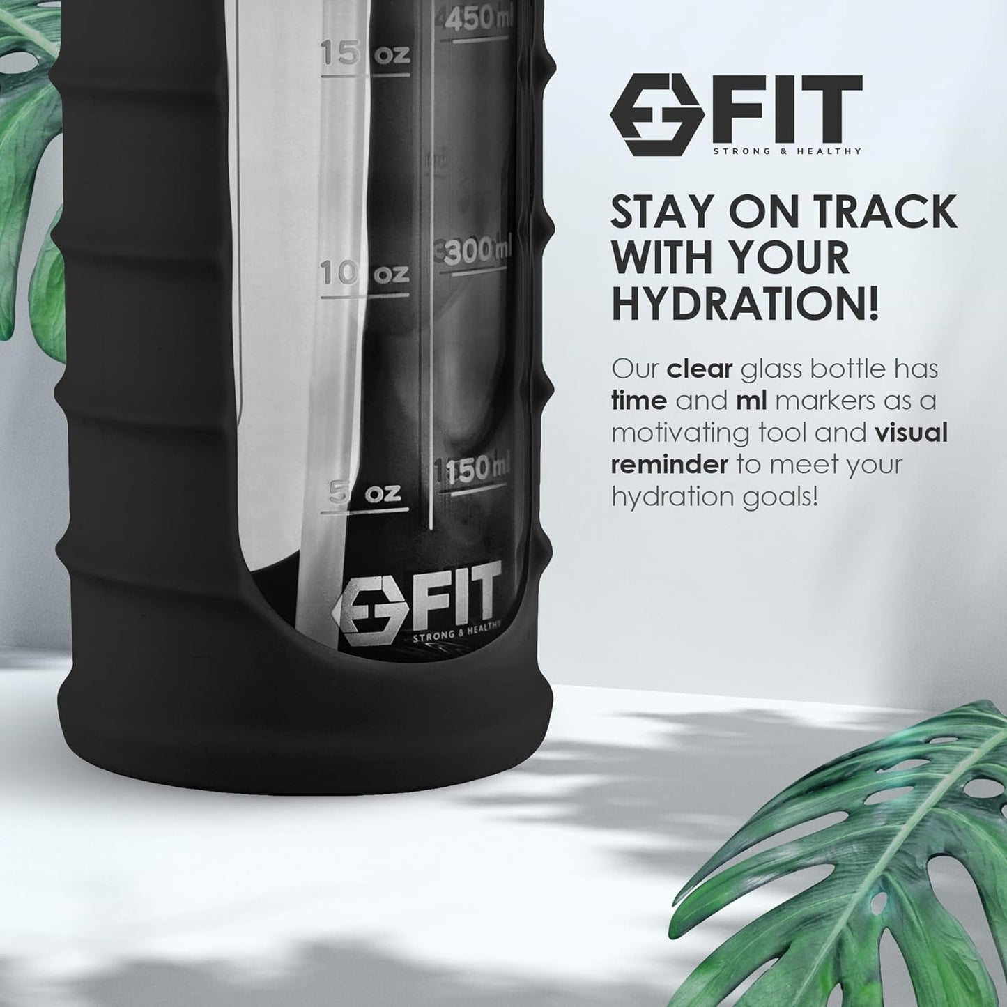 FIT Strong & Healthy 32 oz Glass Water Bottle with Straw Lid, Time Marker, Sleeve & Extra Lid - Motivational, Wide Mouth 1 Liter Glass Drinking Bottle