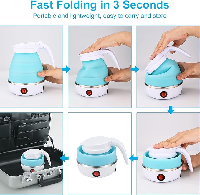 Portable Electric Kettle Travel Size, 600ML Small Foldable Tea Coffee Kettle with Collapsible Bowl and Cups, 5 Min Fast Water Boiling, BPA Free Food Grade Silicone, 110V 400W