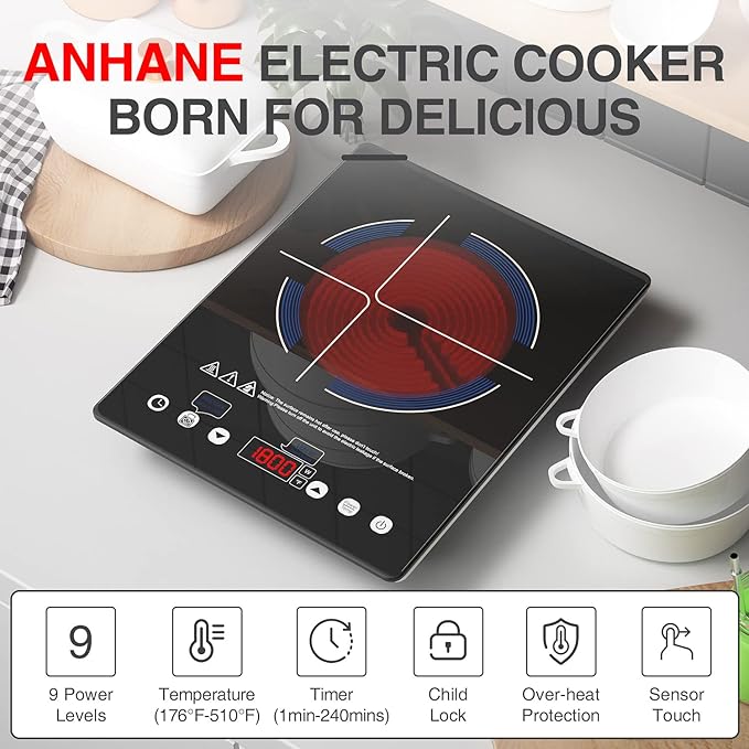 Electric Cooktop 110v,Single Burner Electric Stove Infrared Cooktop Hot Plate 1800W,4-Hour Setting,Black Crystal Glass Surface Compatible for All Cookware