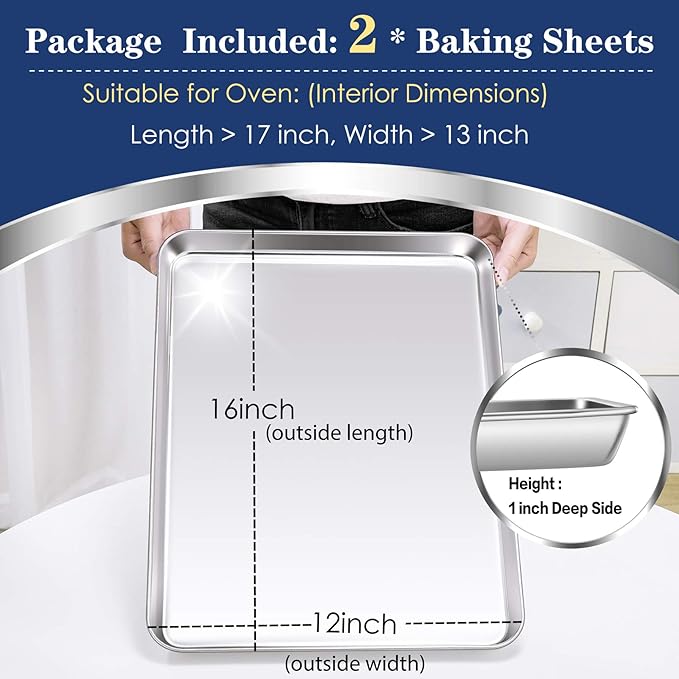 P&P CHEF 16 Inch Baking Cookie Sheet, Oven Pan Tray Stainless Steel Sheet Pan for Kitchen, Oven Bakeware for Multi Uses, Shiny Look & Dishwasher Safe, Healthy & Heavy Duty, 2Pcs