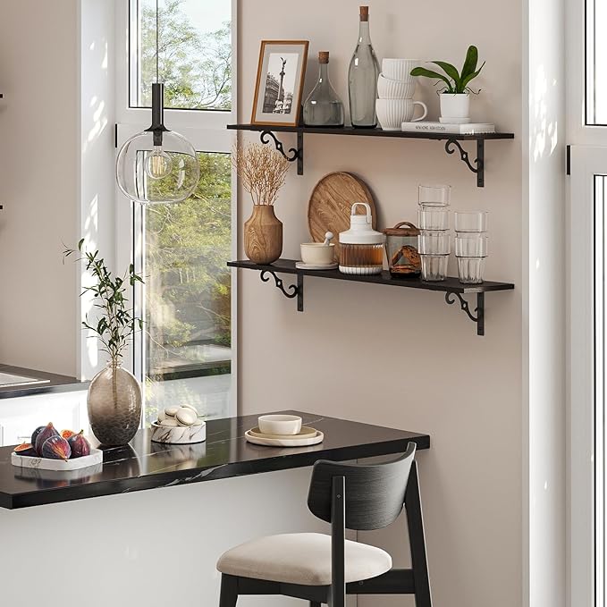 DINZI LVJ Long Wall Shelves, 23.6 Inch Large Floating Shelves Set of 2, Wide Display Shelf Wall Mounted with Brackets, Easy Hanging for Living Room, Toilet, Office, Bedroom, Espresso