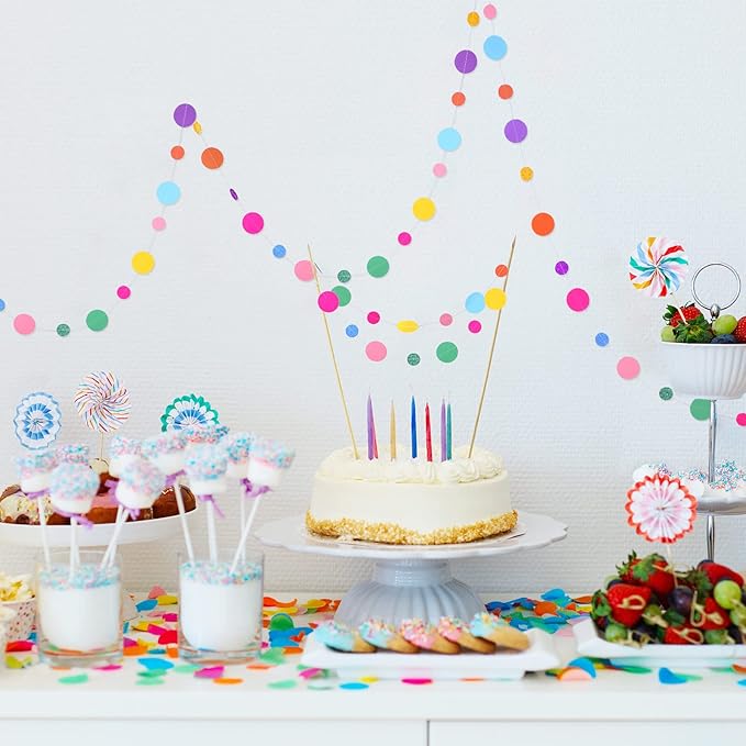 Outus 20 Pieces Colorful Dots Paper Garland Round Glitter Garland Hanging Confetti Streamers Backdrop Decoration for Birthday Classroom Candy Sprinkles Trunk or Treat Party (Rainbow)