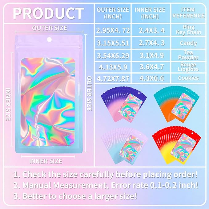 200 Pack Resealable Mylar Holographic Bags Food Storage Smell Proof Bags with Front Window Foil Packaging Pouch for Candy Sample Jewelry Small Business 3.15×5.51 Inch, Pink Fade Blue