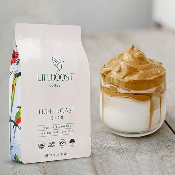 Lifeboost Light Roast Coffee Beans - Non-GMO Single Origin Low Acid Organic Light Roast Coffee - Third Party Tested For Mycotoxins & Pesticides - Whole Bean - 12 Ounces
