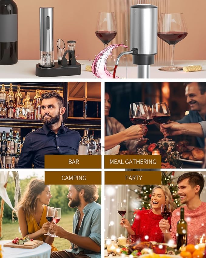 CIRCLE JOY 6-in-1 Electric Wine Opener Set Rechargeable Stainless Steel Wine Opener Gift Set with Foil Cutter, Rechargeable & Manual Wine Aerator Pourers, Vacuum Wine Stopper and Storage Base, Silver