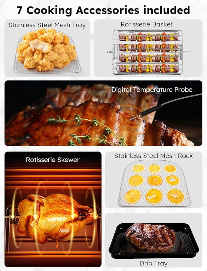 Nuwave Brio Air Fryer Oven, 15.5Qt X-Large Family Size, SS Rotisserie Basket &-Skewer Kit, Powerful 1800W, 50F-425F Temp Controls, Integrated Smart Thermometer