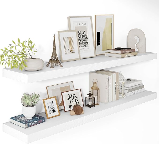 White Floating Shelves for Wall, 48 Inch X 12 Deep Shelves for Room Wall Mounted，2" Thick Heavy Duty Holds 75lbs Floating Shelf for Bedroom Bathroom Kitchen Laundry Room, Set of 2