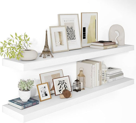 White Floating Shelves for Wall, 48 Inch X 12 Deep Shelves for Room Wall Mounted，2" Thick Heavy Duty Holds 75lbs Floating Shelf for Bedroom Bathroom Kitchen Laundry Room, Set of 2