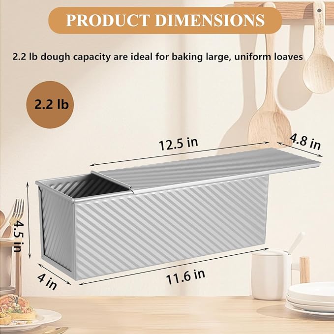 SS&CC Pullman Loaf Pan with Lid 13x4 | 2.2lb Carbon Steel Bread Pan for Homemade Sourdough & Sandwich Bread | Nonstick Bakeware, Heavy Duty & Easy Clean (Silver, 2.2lb (1-Pack))