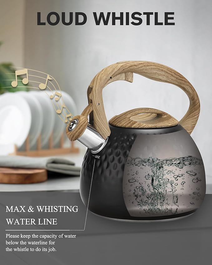 Tea Kettle Stovetop,2.5QT Stainless Steel Whistling Teapot for Stove Top Aesthetic,Portable Water Kettles Camping with Anti-hot Silicone Handle,Suitable for All Heat Sources,Black