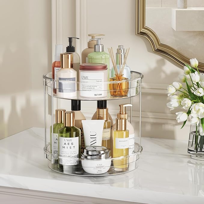 LAMU 12inch 2 Tier Lazy Susan Turntable Organizer Rotating Spice Rack Organization for Cabinet, Kitchen, Pantry, Countertop, Bathroom, Vanity, Medicine Cabinet Organizer, Clear