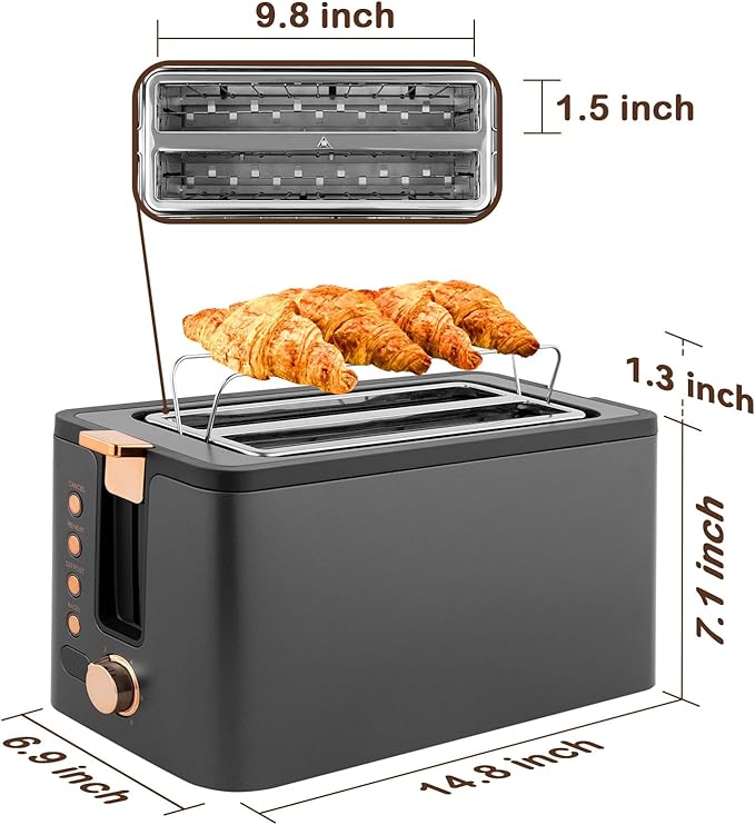 Mecity 4 Slice Toaster, Long Slot Toaster With Warming Rack, Bagel/Defrost/Reheat Functions,Warming Rack, Crumb Tray, 6 Browning Settings, Extra Wide Long Slots, Stainless Steel, 1300W,Grey