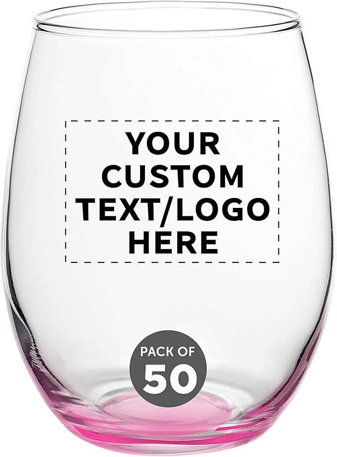 Custom Stemless Wine Glasses in Bulk by ARC Perfection, 15 oz, 50 pack, Personalized Text, Logo, Red or White Wine Glass Set, Pink