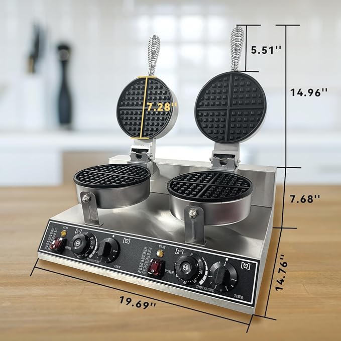 Commercial Waffle Maker for Home and Restaurant, 2400 W Nonstick Waffle Iron, Double Head Stainless Steel Waffle Maker,No Rotation