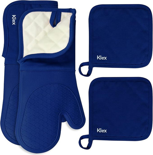 Klex Extra Long Silicone Oven Mitts and Pot Holders, 932°F Degrees Heat Resistance with Quilted Liner Oven Gloves and Hot Pads, 4 Piece Set, 15 inch, Blue