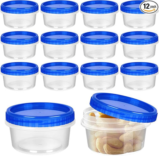 12 Pack Freezer Containers with Screw On Lids, 8 Oz Stackable Reusable Plastic Storage Container, Airtight Plastic Food Storage Containers with Twist Top Lids for Food Soup Jello Sauce