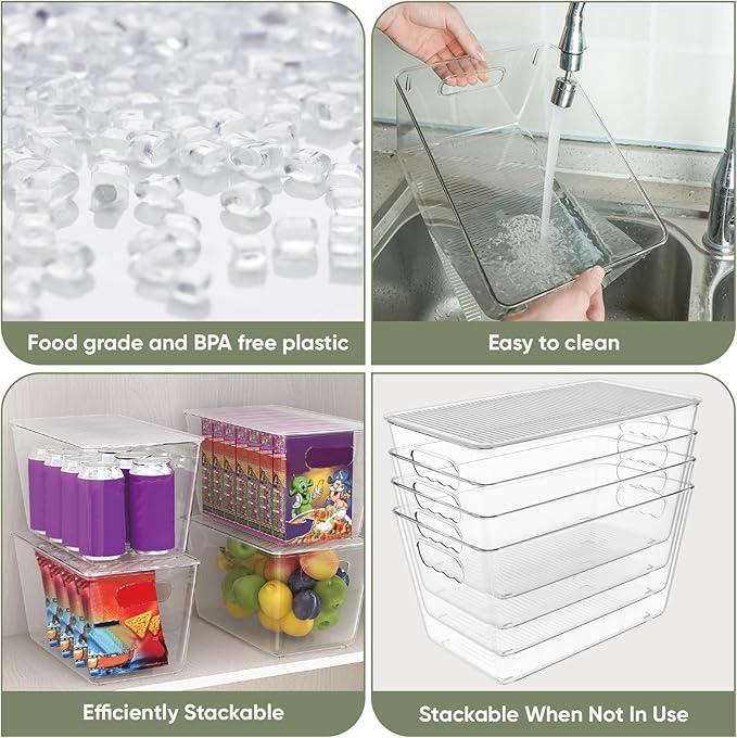 BALEINE Clear Stackable Storage Bins with Lids, Plastic Containers with Handle for Pantry Organizers and Storage, Plastic Bins for Fridge, Kitchen, Bathroom, Cabinet (11x7.5x6, 6PK)