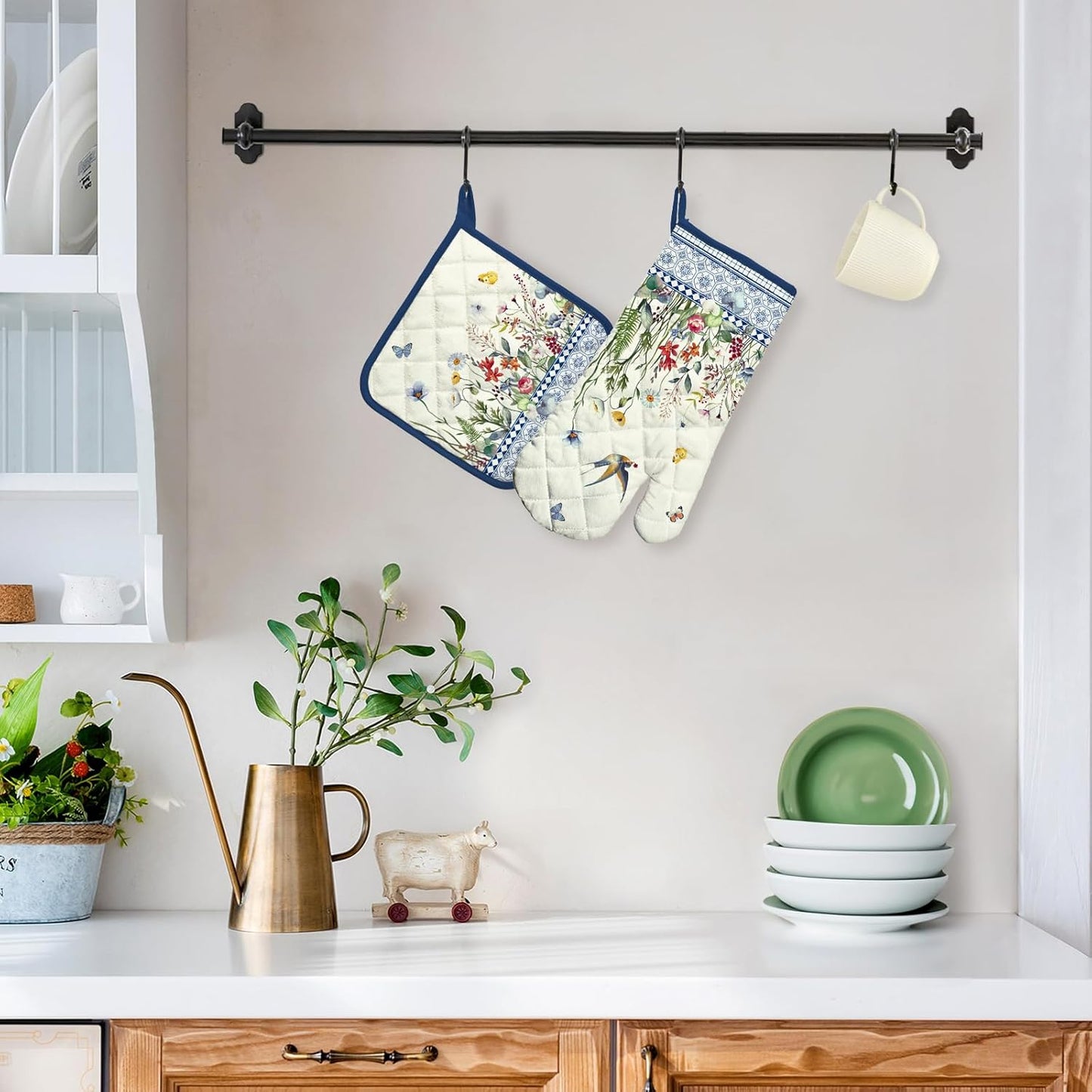 Retro Wildflowers Oven Mitts and Pot Holders Sets 100% Cotton Heat Resistant, Extra Long Oven Gloves Potholder for Kitchen Cooking Baking Housewarming