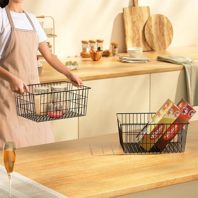 SANNO Freezer Baskets Metal Storage Organizer Bin Basket Wire Storage Basket for Kitchen Pantry Bathroom Large Metal Farmhouse Food Fruit Produce Organizer Bins,black,2
