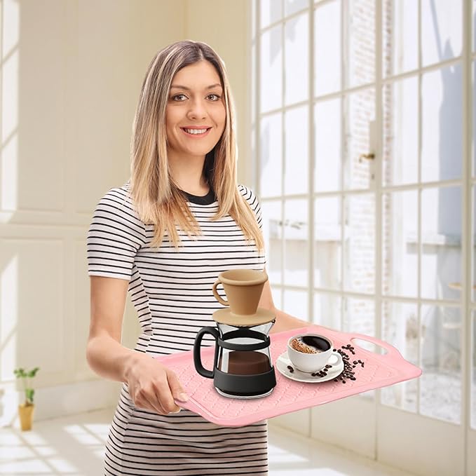 LEHAHA Melamine Serving Tray with Handles, 17.25 x 12 Inch Aesthetic Serving Platters and Trays with Curved Sides, Tray for Lunch, Coffee, or Breakfast, Set of 4, Silicone placemats Included,Pink