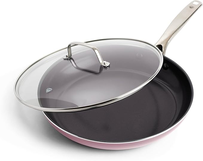 Blue Diamond 12" Nonstick Frying Pan with Lid, Diamond Infused PFAS & PTFE-Free Ceramic Skillet, Dishwasher & Oven Safe, Stay Cool Handle, Durable Non Toxic Metal Utensil Safe, Glass Lid, Pink