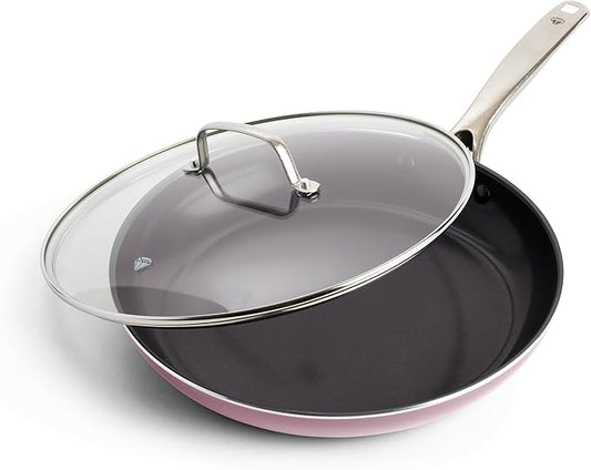 Blue Diamond 12" Nonstick Frying Pan with Lid, Diamond Infused PFAS & PTFE-Free Ceramic Skillet, Dishwasher & Oven Safe, Stay Cool Handle, Durable Non Toxic Metal Utensil Safe, Glass Lid, Pink