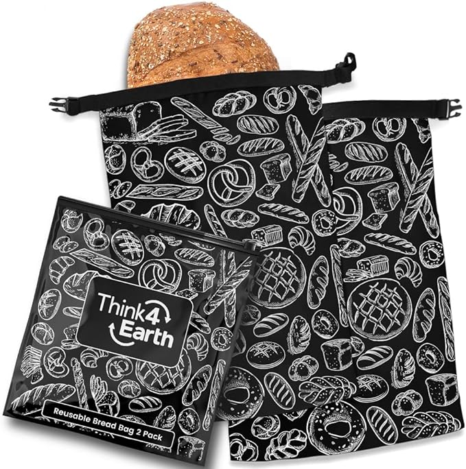 THINK4EARTH® Premium Black Reusable Bread Bags for Homemade Bread – Durable & Washable (2 Pack)