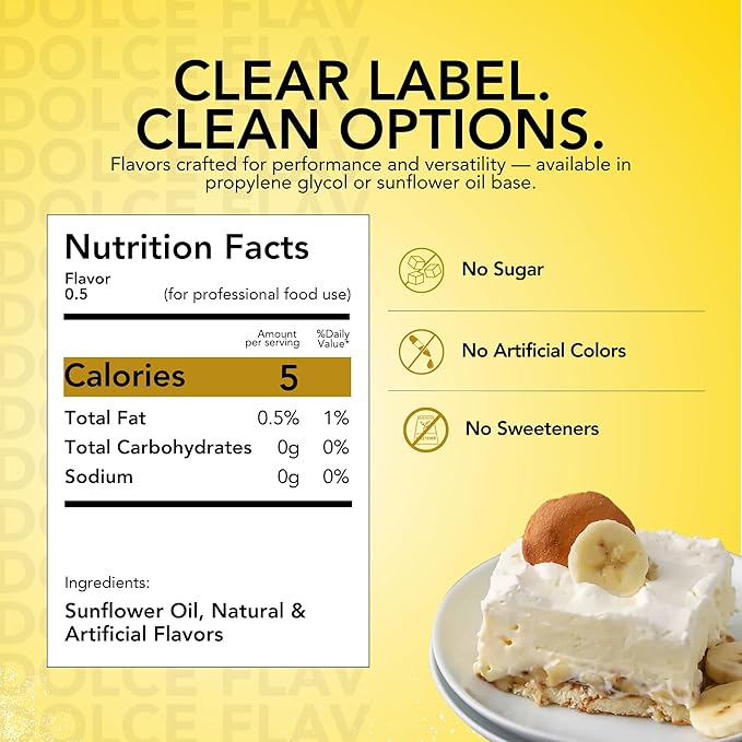 Dolce Flav Banana Extract – 2 Ounce Oil-Soluble Kosher, Sugar-Free, Concentrated Ripe Banana Flavoring for Baking, Smoothies & Ice Cream, Includes Measured Dropper