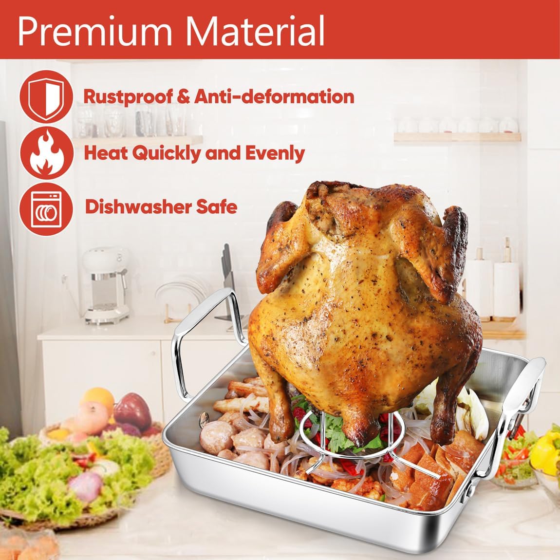 Herogo Small Roasting Pan with Beer Can Chicken Holder, 9 Inch Stainless Steel Square Baking Pans with BBQ Vertical Stand Rack for Baking Oven Grilling Smoker, Easy to Use & Dishwasher Safe