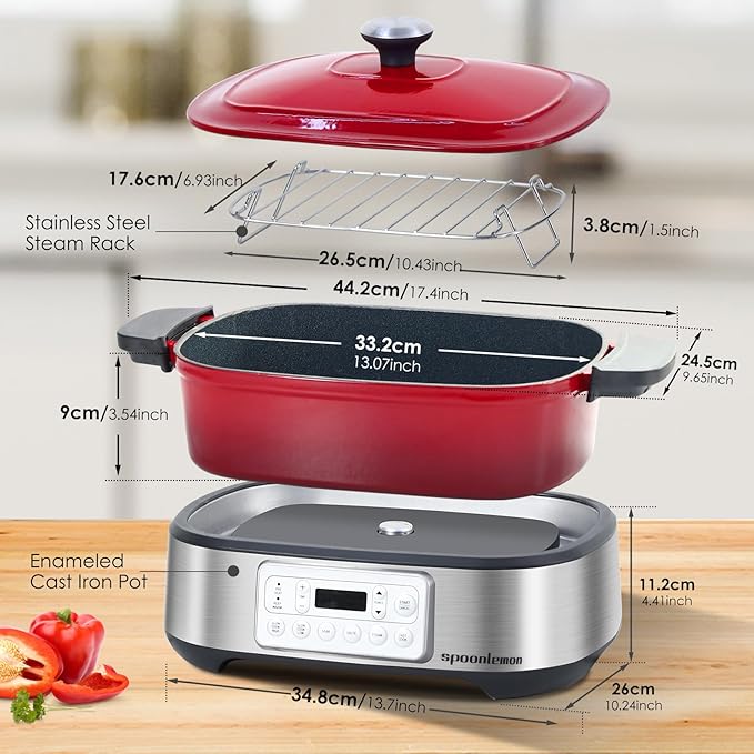 Electric Dutch Oven Multi-Cooker, 5.8QT Enameled Cast Iron Pot - 1250W Fast Heating, 6 Preset Functions, Digital Display & Keep Warm, Oven Safe Pot To 392℉, with Removable Pot, Steam Rack