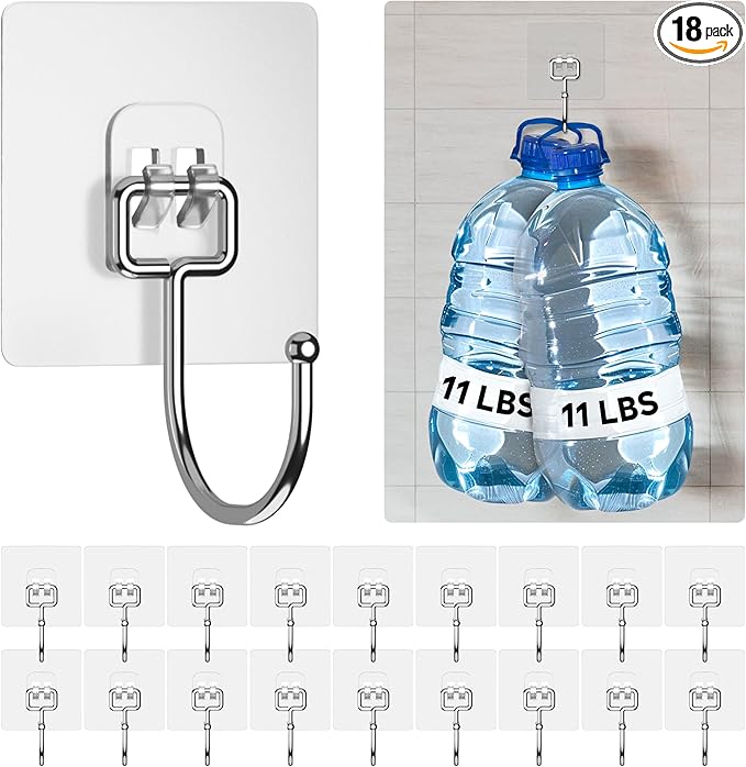 GLUIT Adhesive Large Wall Hooks for Hanging Heavy Duty 22 lbs Hooks for Walls No Damage 18 Pack