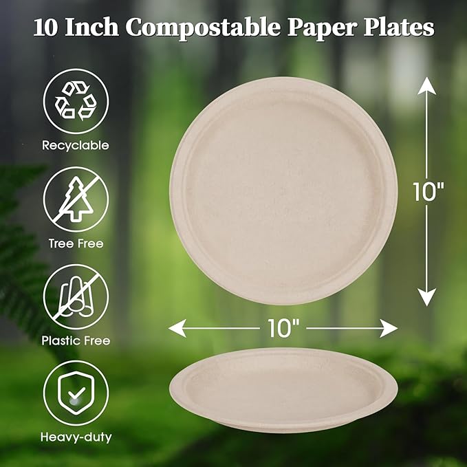 ECOLipak Paper Plates 10 Inch, 150 Pack Compostable Heavy Duty Disposable Biodegradable Sugarcane Bagasse Eco Friendly Paper Plates for Party Dinner