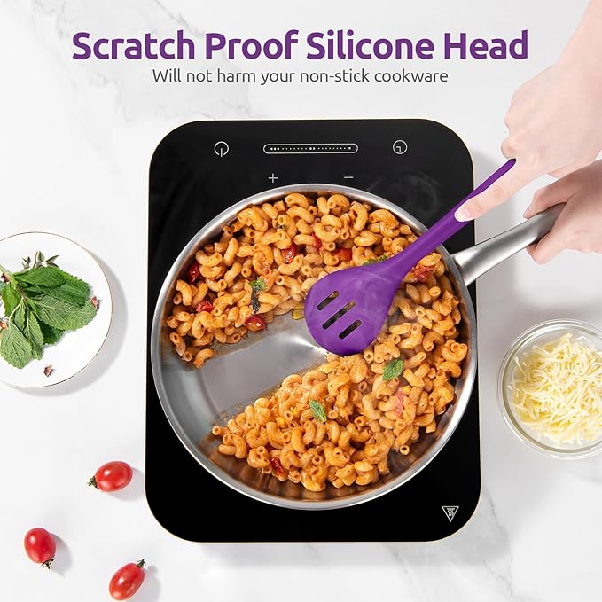 600ºF Heat Resistant Slotted Spoon: U-Taste 13.3in Solid Kitchen Cooking Spoon, Nonstick Food Grade Large & Long Rubber Utensil for Mixing, Serving, Stirring, Basting, Frying, Draining (Purple)