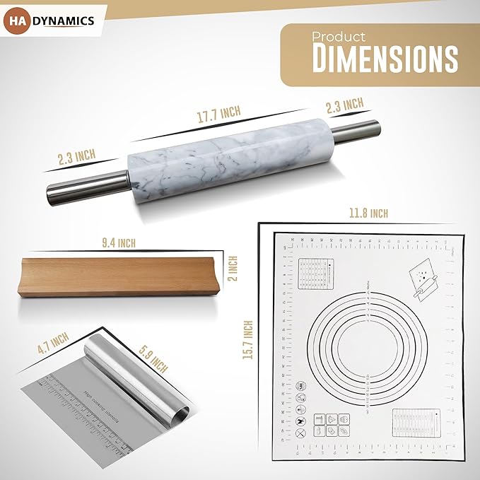 Professional Marble Rolling Pin for Dough - Solid Precise Pizza Dough Roller Marble Rolling Pin for Baking including Silicone Baking Mat, Steel Dough Scraper, Wooden Cradle - Gift for Bakers