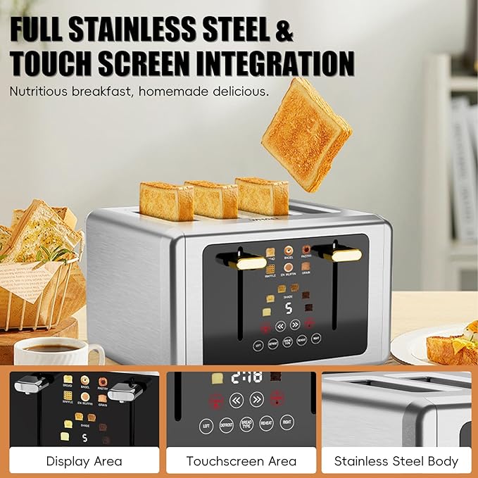 whall 4 Slice Touch Screen Toaster, Stainless Steel Toasters Digital Timer, Dual Control Panel Toasters，6 Shade Settings＆6 Bread Types, Smart Wide Slots, Bagel, Cancel, Defrost,Flat lever White