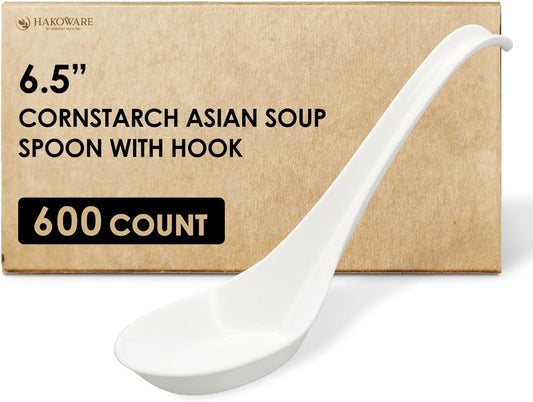 [600 COUNT] HAKOWARE Disposable Large Asian Soup Spoons with Hook, made from Crystalized Cornstarch, for Take-out Ramen Pho Noodles, Disposable Utensils Bulk Size Durable