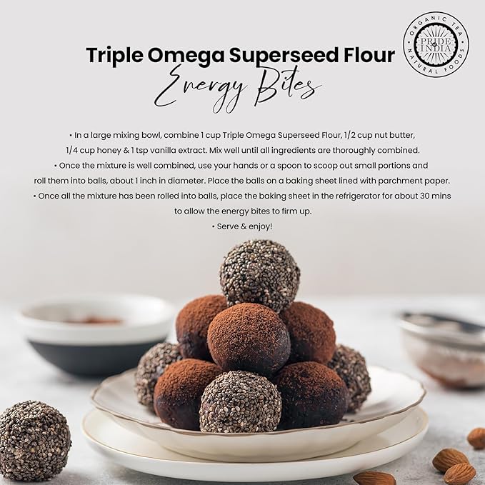 Pride of India- Triple Omega Superseed Flour 1 lbs (454 gm) Nutty Earthy Taste Milled in Small Batches | Chia Flax Sesame Seed mix | Ideal for Muffins Smoothies Oatmeal Pudding | Vegan, Gluten-Free