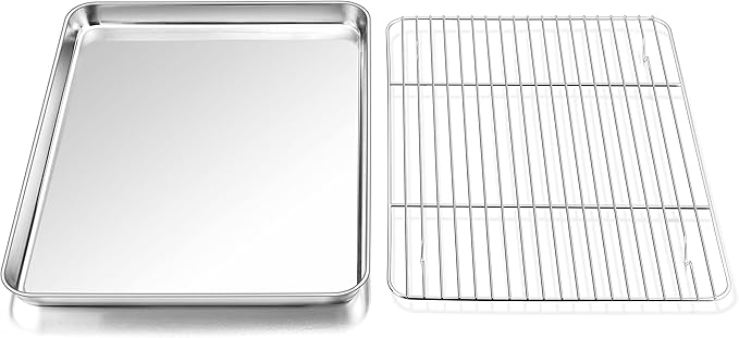 P&P CHEF 12.5 Inch Baking Sheet Pan with Rack Set, Stainless Steel Cookie Sheet Pan Tray with Cooling Rack for Oven Use, Cooking Roasting, Non Toxic & Dishwasher Safe, Heavy Duty