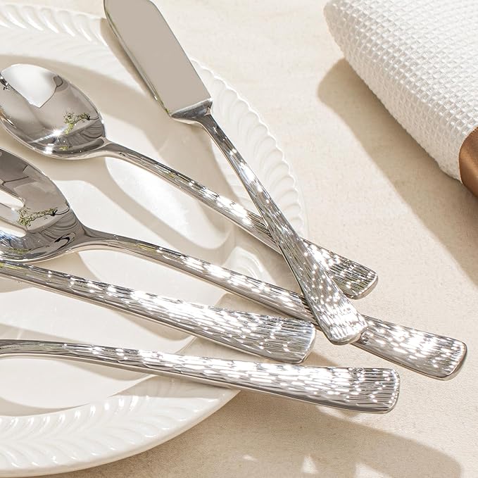 KINGSTONE Hammered 5-Piece Serving Utensil Set, 18/10 Stainless Steel Flatware for Catering, Party Include Spoons, Slotted Spoon, Fork, Butter Knife - Mirror Finish & Dishwasher Safe