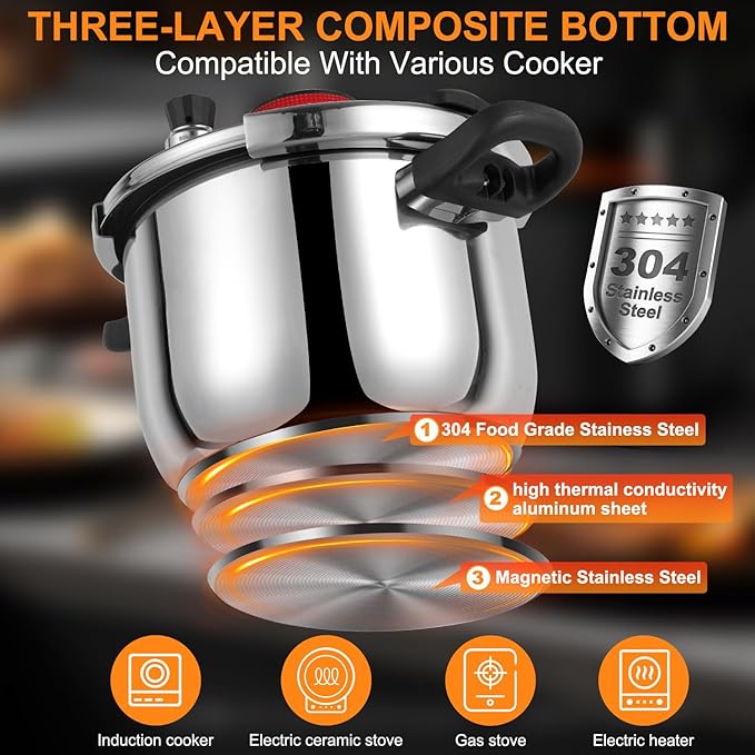 Pressure Cooker 12 QT, Stainess Steel Pressure Canner 12 Quart, Explosion-Proof Cookware, Rotating Lock/Unlock Lid, One-handed lid opening, Thickened Silicone Ring And Anti-scald Handle, Silver