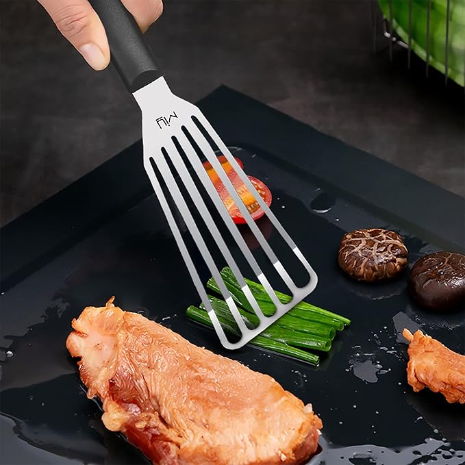 MIU Fish Spatula Stainless Steel, Slotted Flexible Metal, Lightweight Barbecue Turner, 6.5 inch Blade, Plastic Handle with Hole, Grilling Utensils