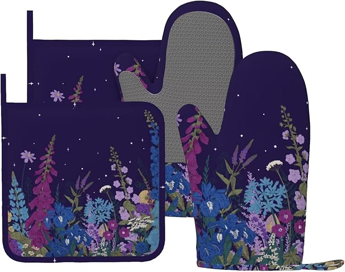 Wildflowers Florals Oven Mitts Pot Holders Set Silicone Heat Resistant Wildflowers Oven Mitts and Hot Pads Florals Potholders Non-Slip Oven Gloves for Cooking Baking Grilling BBQ