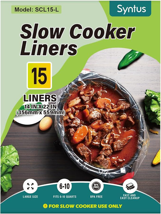 Syntus Slow Cooker Liners, 15 Count Cooking Bags Extra Large Size Disposable Pot Liners Plastic Bags, Fit 6QT to 10QT for Slow Cooker Cooking Trays, 14"x 22", 15 Liners