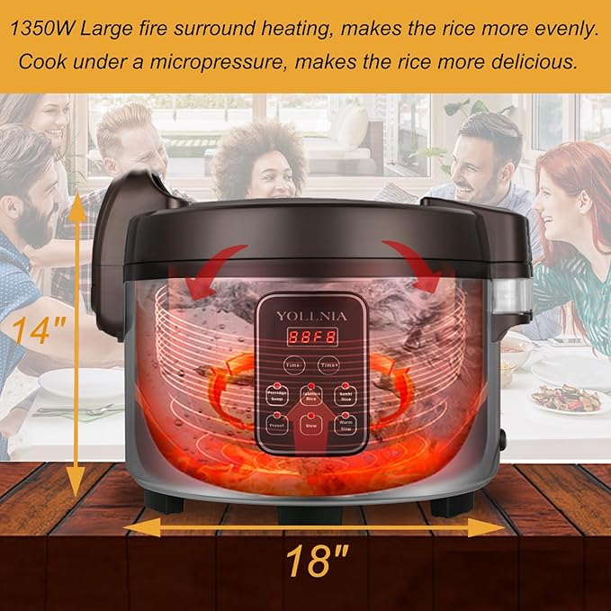 Commercial Large Rice Cooker & food warmer | 13.8QT/65 Cups cooked rice | 1350W Multi-function electric sushi rice cooker | LED Display | Timer Setting | Smart preset from 30 min-24 Hrs