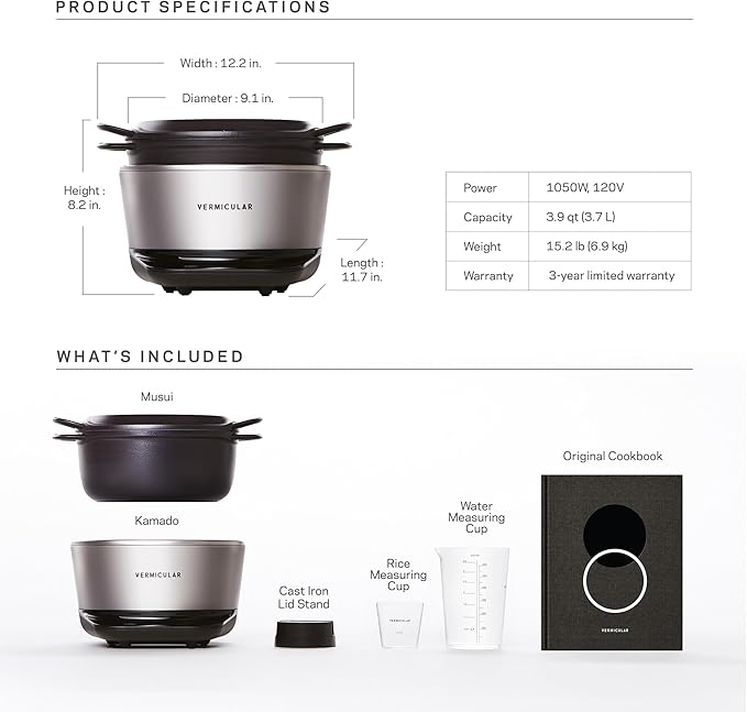 Vermicular Musui–Kamado (RICEPOT) | Cast Iron Induction Cooker | Precision Multicooker | Japanese Rice Cooker | Slow Cooker | Non-Toxic Enameled Cast Iron Pot | Charcoal | US Model (120V)