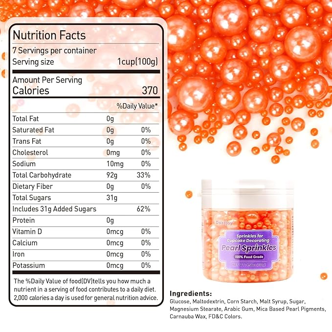 Edible Orange Pearl Sprinkles, Sugar Candy, 130g/4.58oz, Edible Orange Pearls Sprinkles for Cupcake Decorating, Cupcake Toppers, Cake Decorations